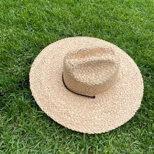 wyeth milos tan raffia straw wide brim strap detail summer sun hat one size NEW